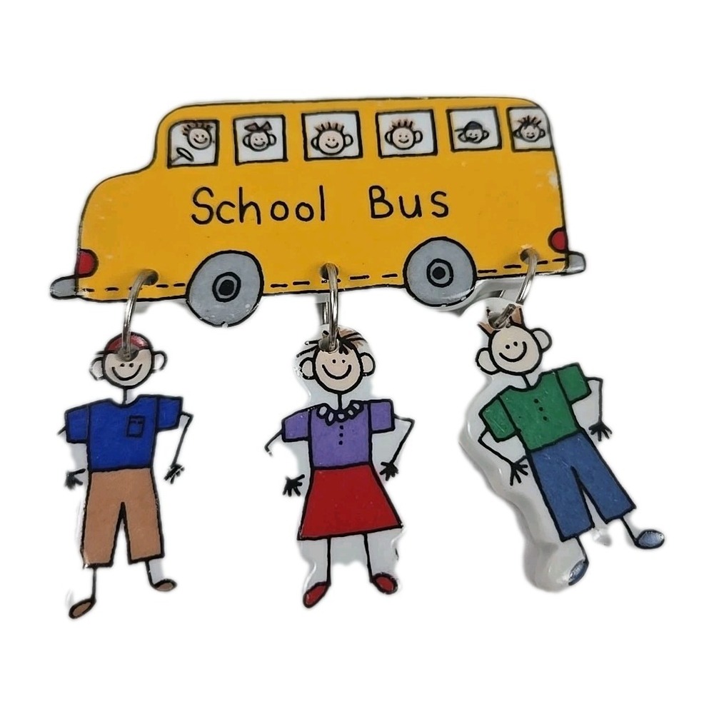 Vtg Ceramic Yellow School Bus w Dangling Kids 3" Pin Brooch Bus Driver Gift EUC